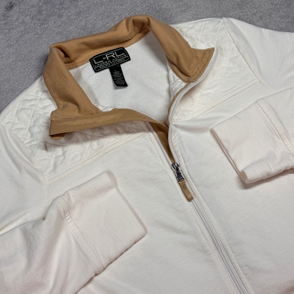 Lauren Ralph‎ Lauren LRL Active Cream Quilted Jacket Full Zip Pockets Size L